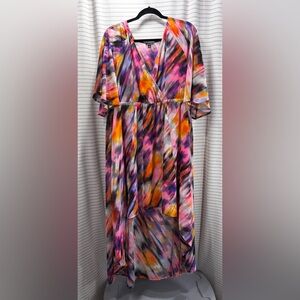 Torrid faux wrap V neck hi/low flutter sleeve watercolor  Dress size 2 (18/20)